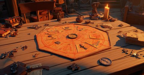 Une carte hexagonale aux six emblèmes dorés posée sur une table : les six types du code RIASEC