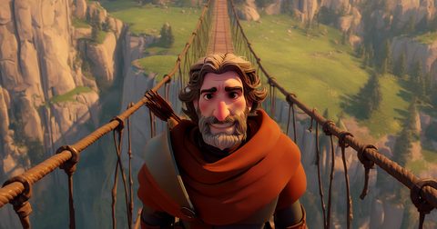 Un chevalier traverse un pont de corde au-dessus d'une gorge brumeuse : dépasser la peur de se reconvertir